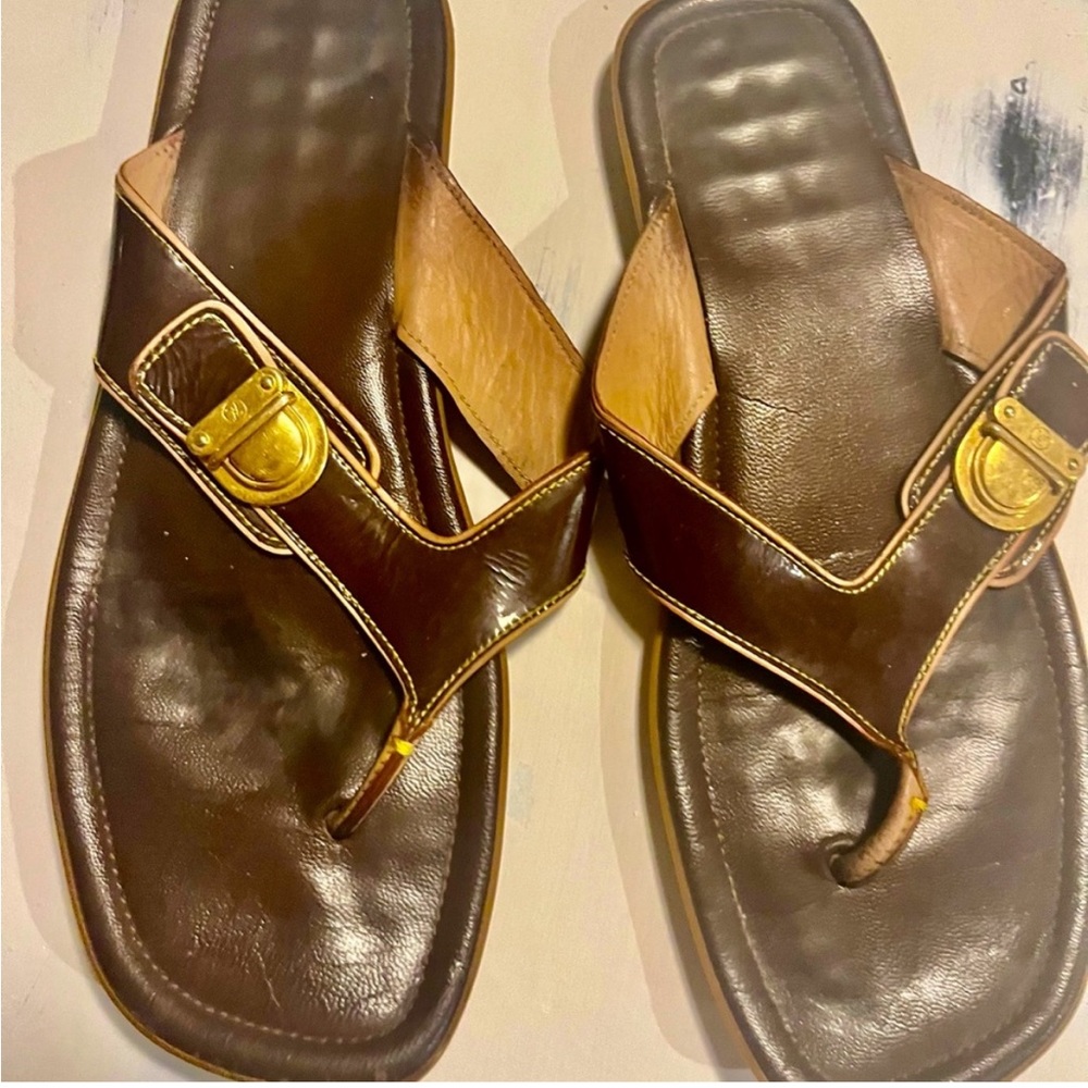 Authentic Louis Vuitton, LV, brown leather sandals, 8.5,38.5 with LV Buckles